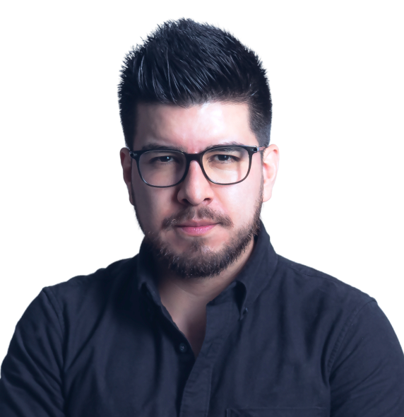 Gio Vidaurri, digital product consultant. Black and white portrait.