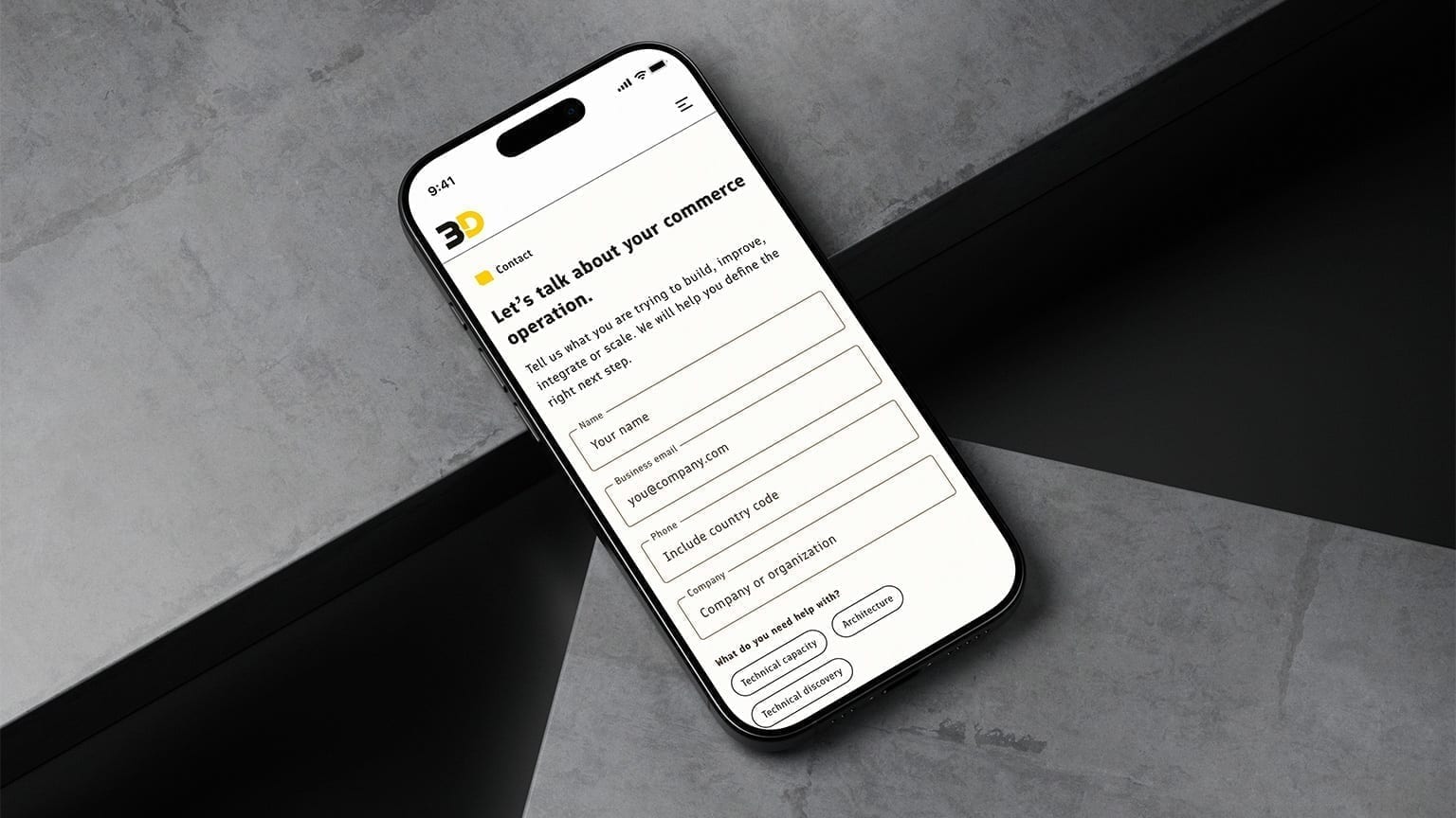 3Devs commerce contact form on a smartphone.