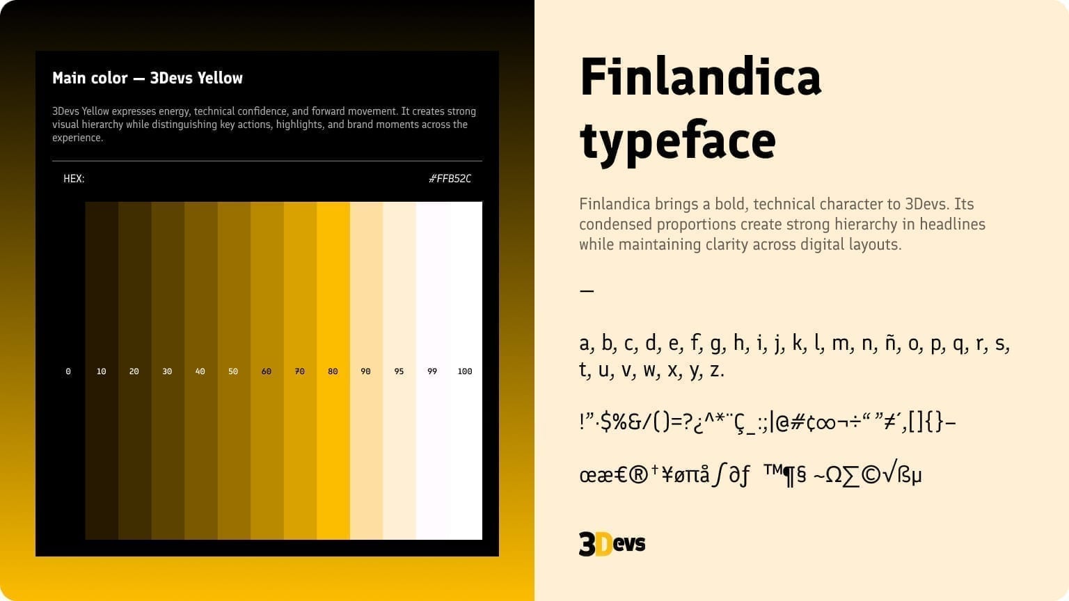 3Devs design system with yellow palette and Finlandica typeface.