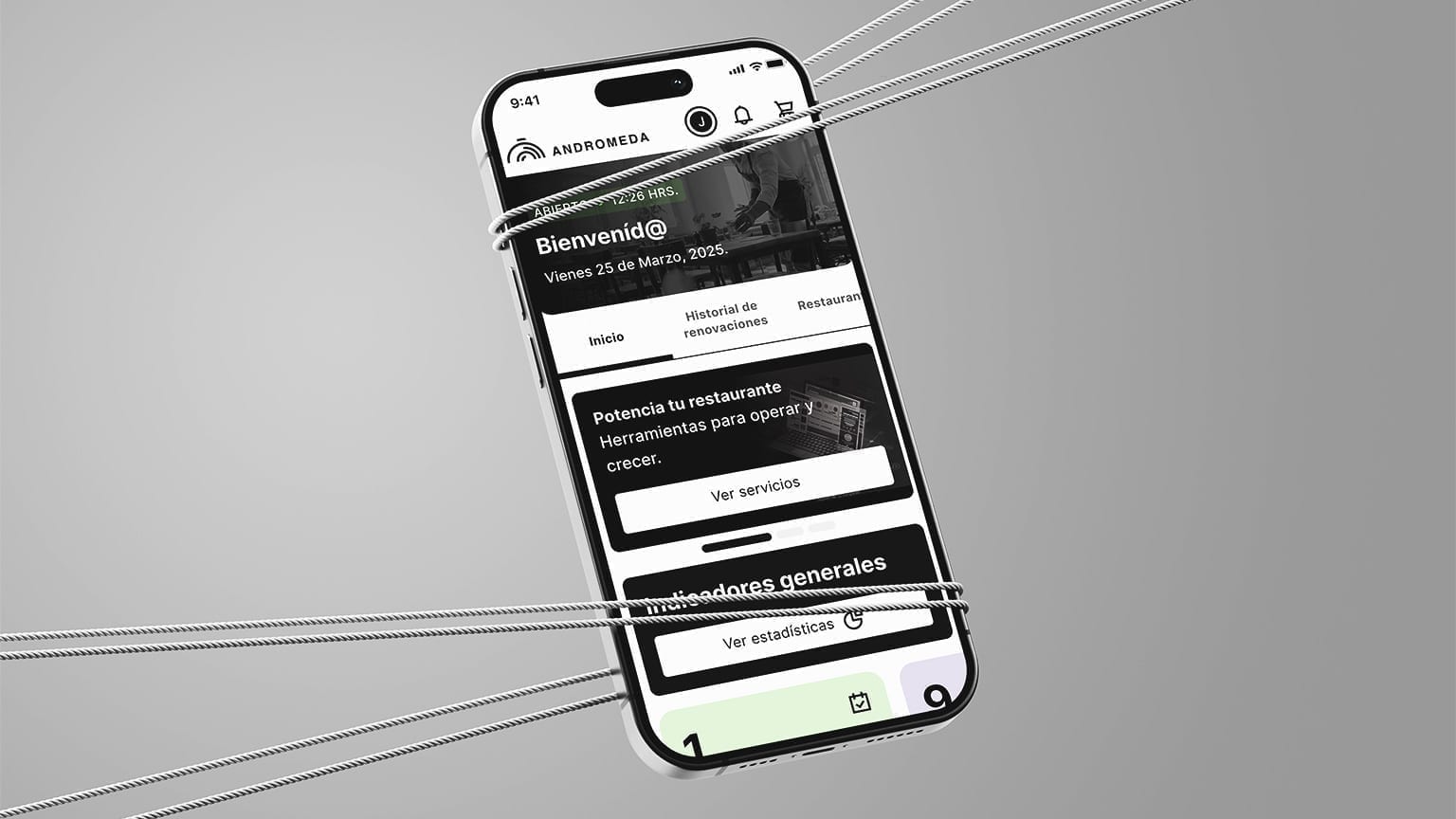 Andrómeda restaurateur dashboard on a smartphone.