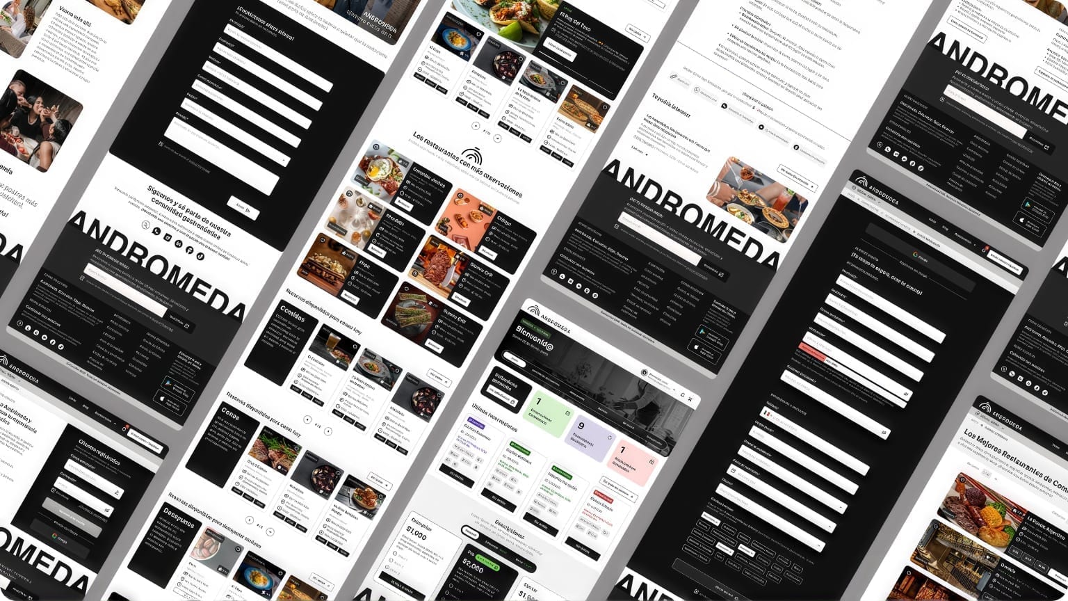 Andrómeda platform collage with consumer, restaurateur, and hostess UI modules on a light gray canvas.