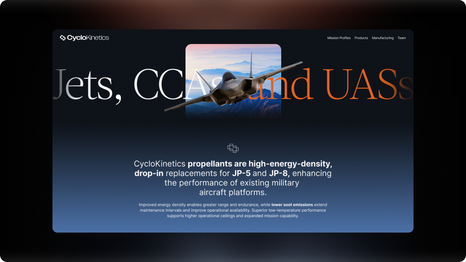 CycloKinetics homepage hero with fighter jet photography.