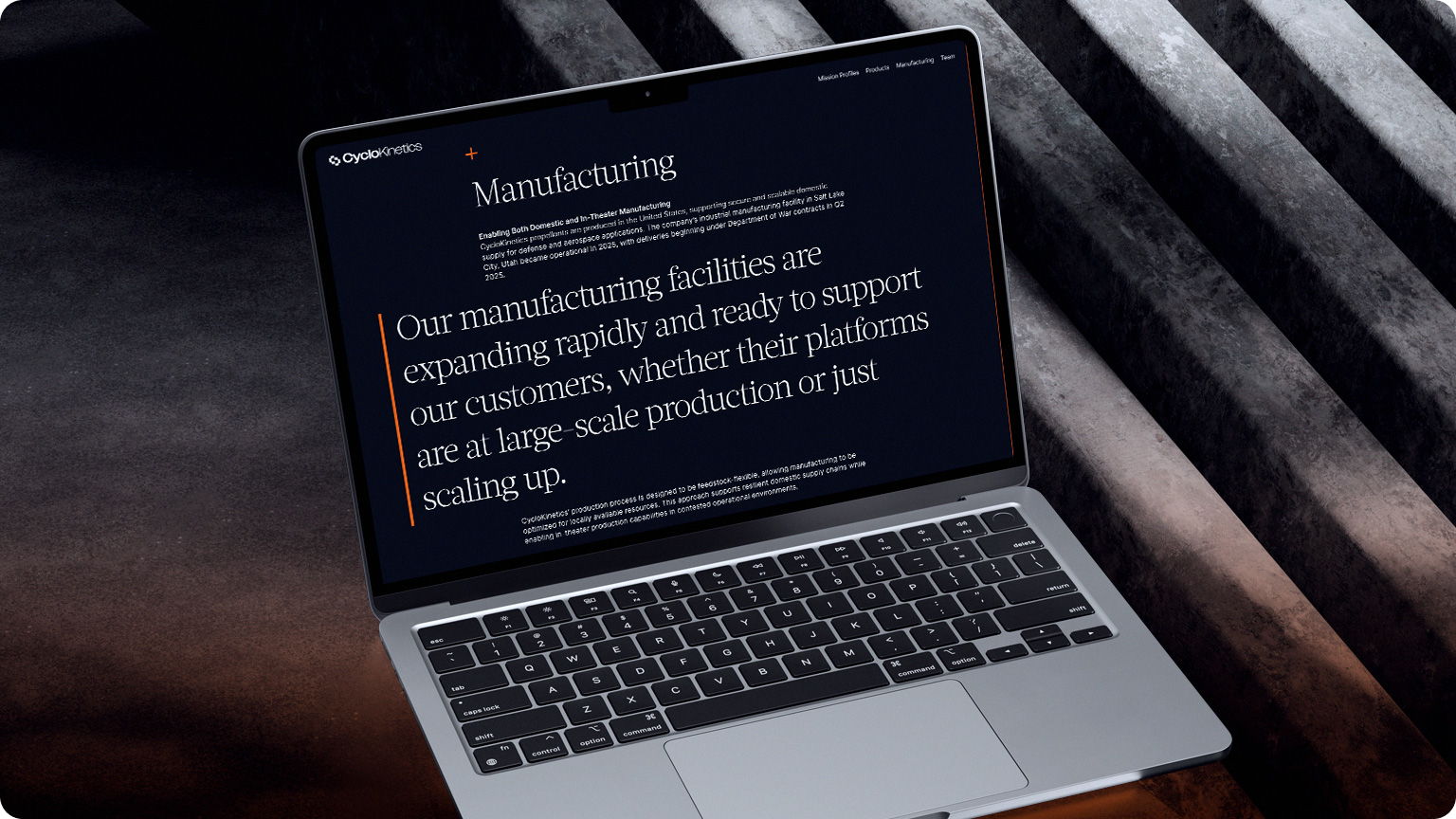 CycloKinetics Manufacturing page on a laptop mockup.