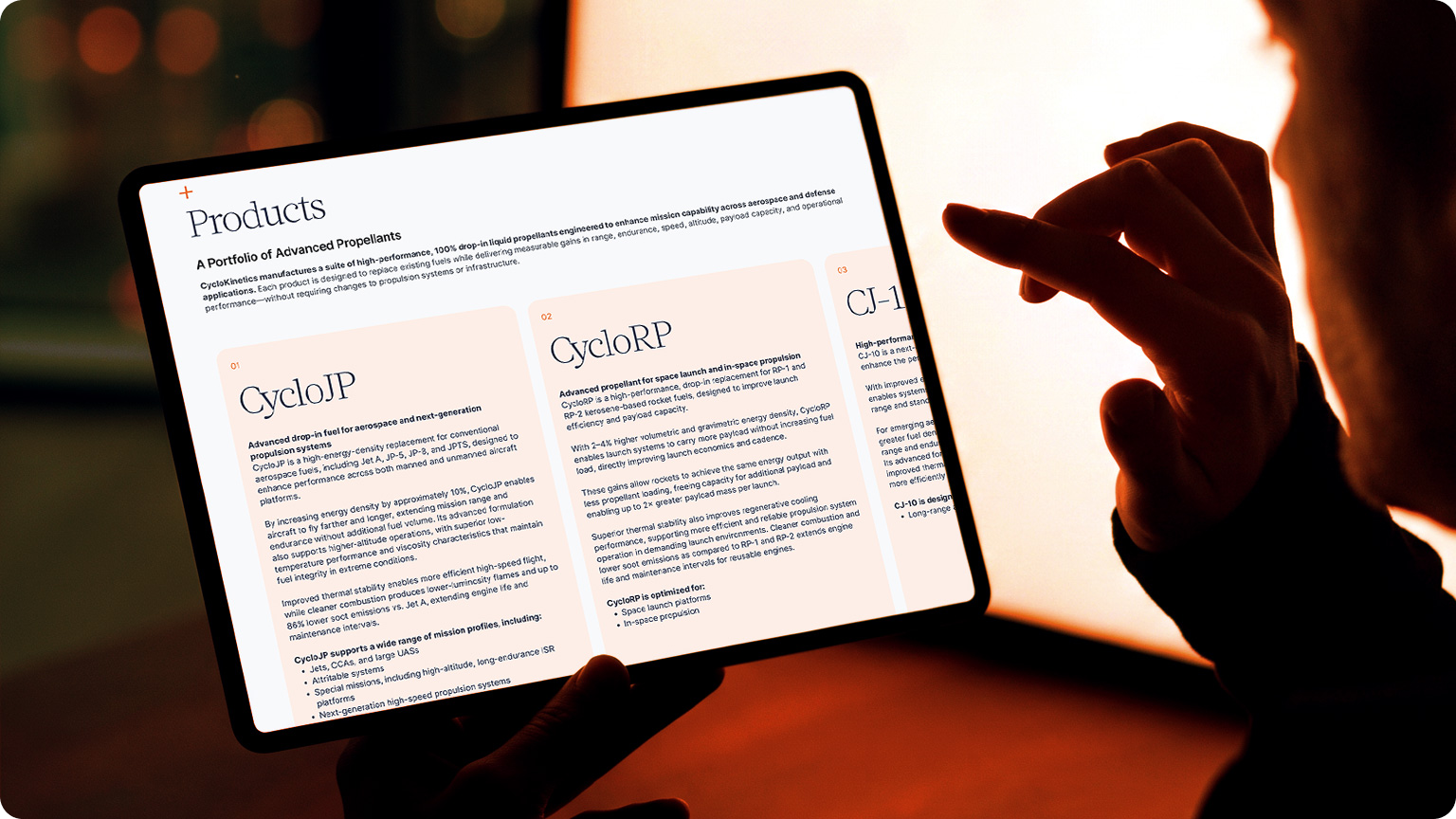 CycloKinetics Products page on a tablet with three advanced propellant cards.