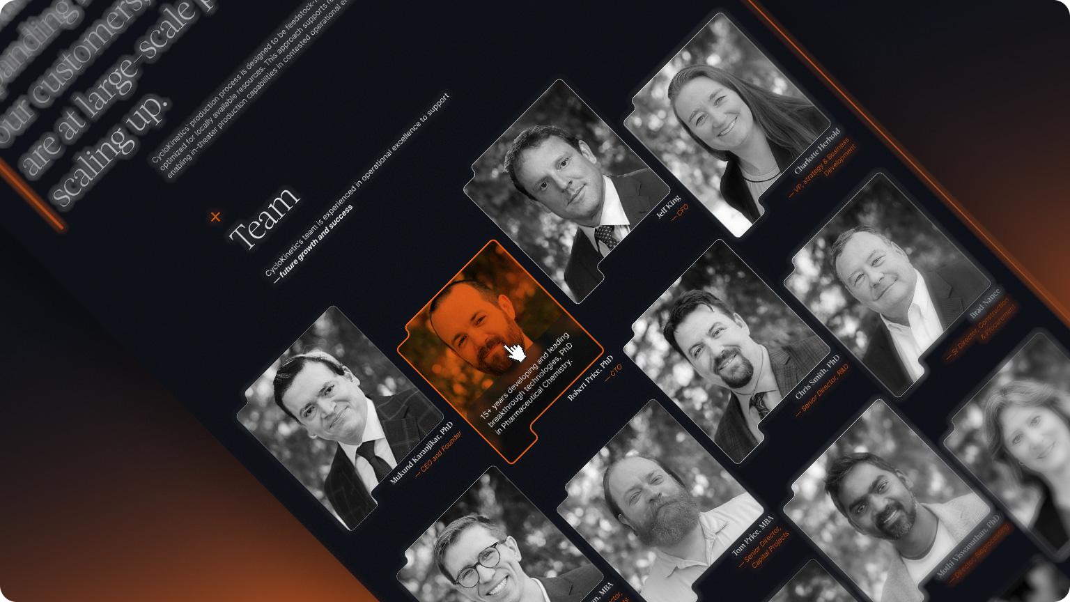 CycloKinetics Team page with portrait grid on dark UI.