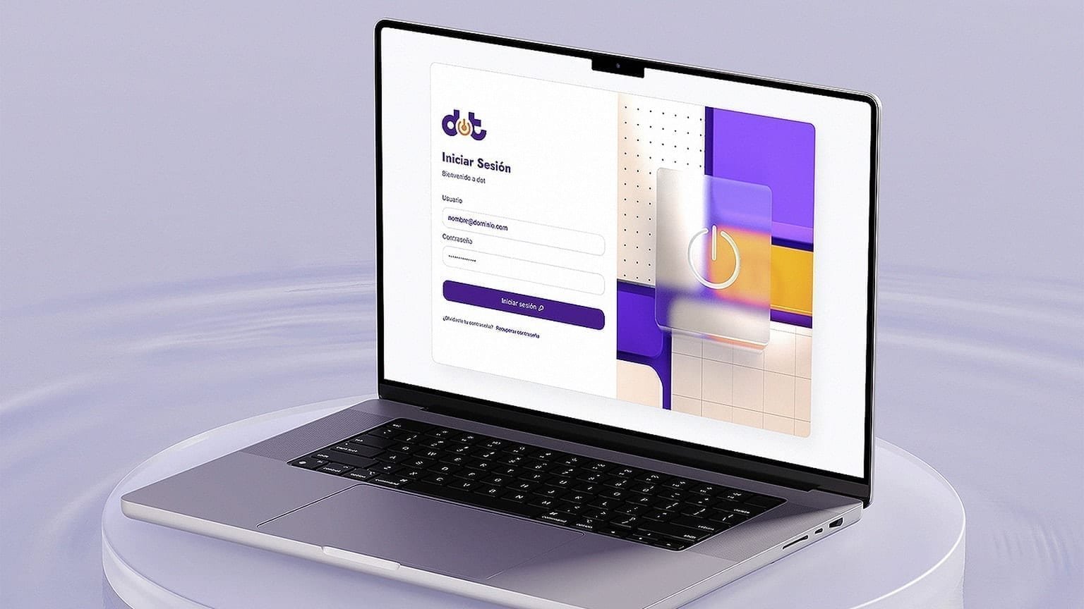 Laptop on lavender background showing the Doto Seller Center login screen with the dot. logo and purple gradient authentication panel.