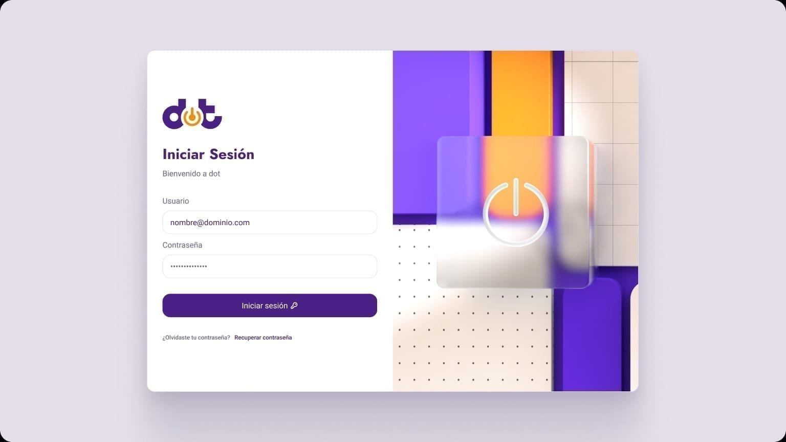 Seller Center login form with Usuario and Contraseña fields, purple Iniciar sesión button, recovery link, and a 3D purple-and-orange graphic beside the form.