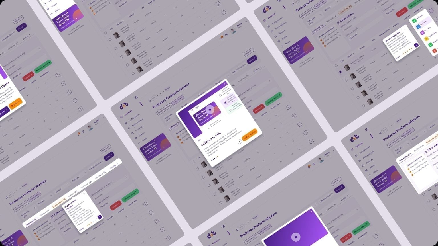 Collage of Seller Center product-tour modals and tooltips—Explora a tu ritmo video step, Acciones agrupadas, Organización en pestañas, and Editar estatus—over the products table.