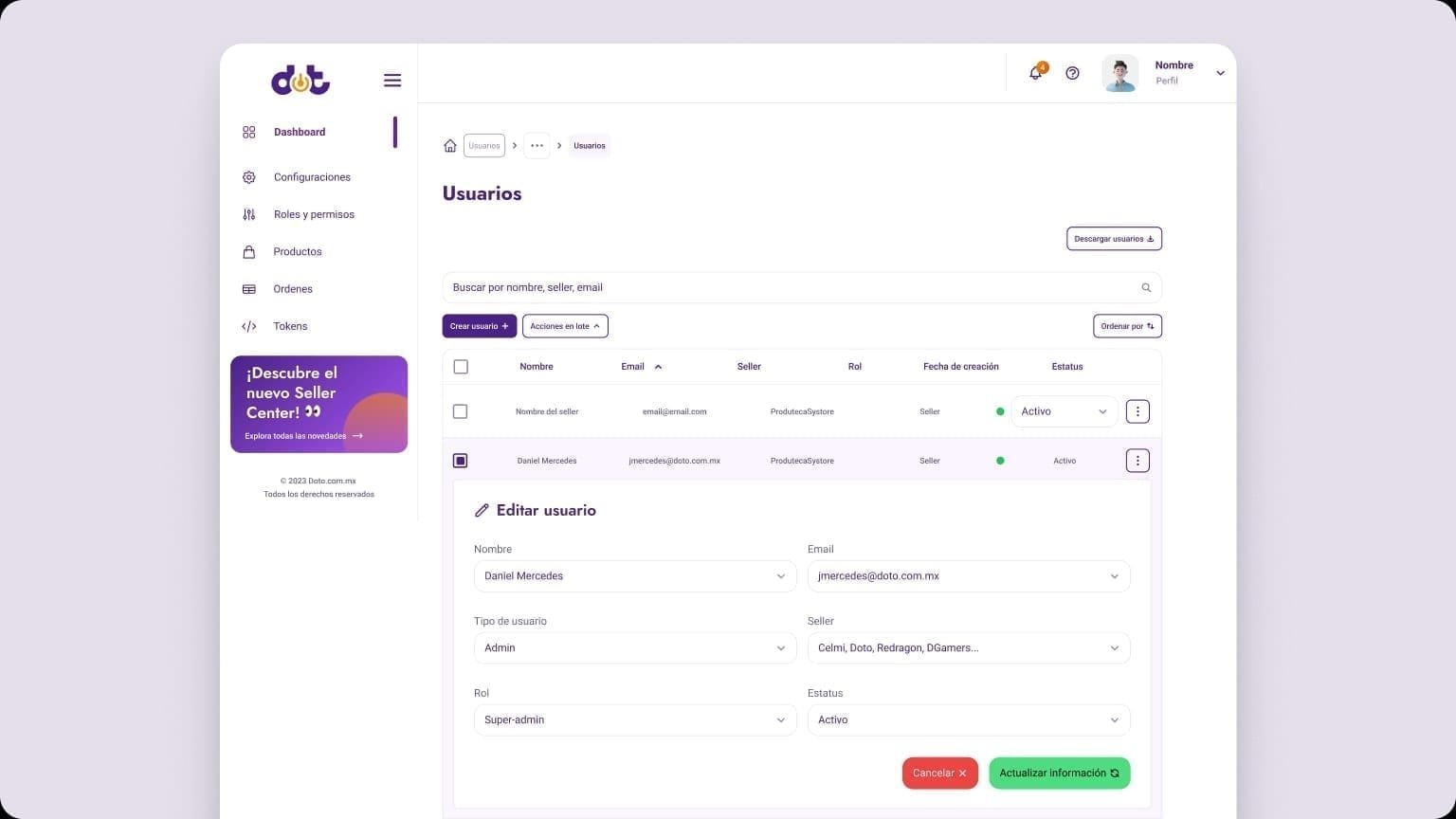 Seller Center Usuarios page with a user table and an expanded Editar usuario panel for Daniel Mercedes showing Admin type, Super-admin role, and seller assignments.