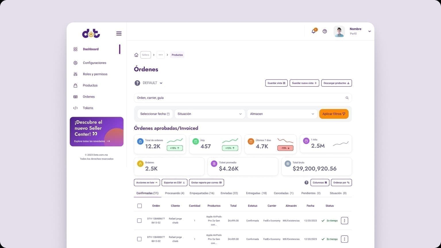 Seller Center Órdenes dashboard with KPI summary cards, status tabs from Confirmadas to Pendientes, and an order table with carrier and warehouse columns.
