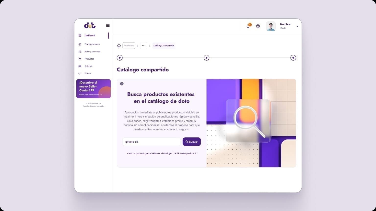 Seller Center Catálogo compartido step with an Iphone 15 search field, purple Buscar button, links to create or bulk-upload products, and a 3D search illustration.
