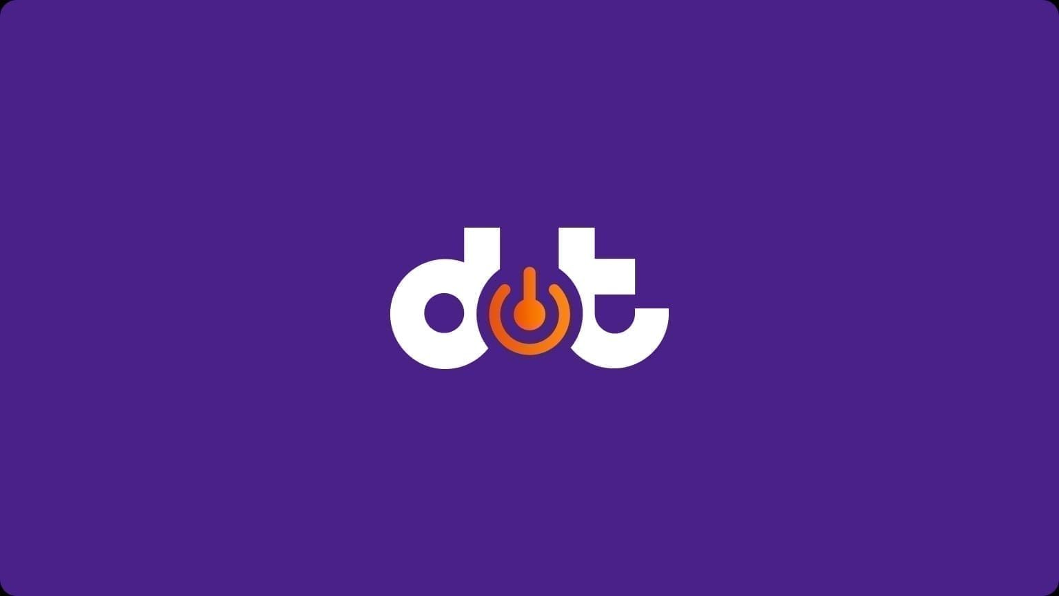 Purple background with the white dot. wordmark where the letter o is an orange power-button icon.
