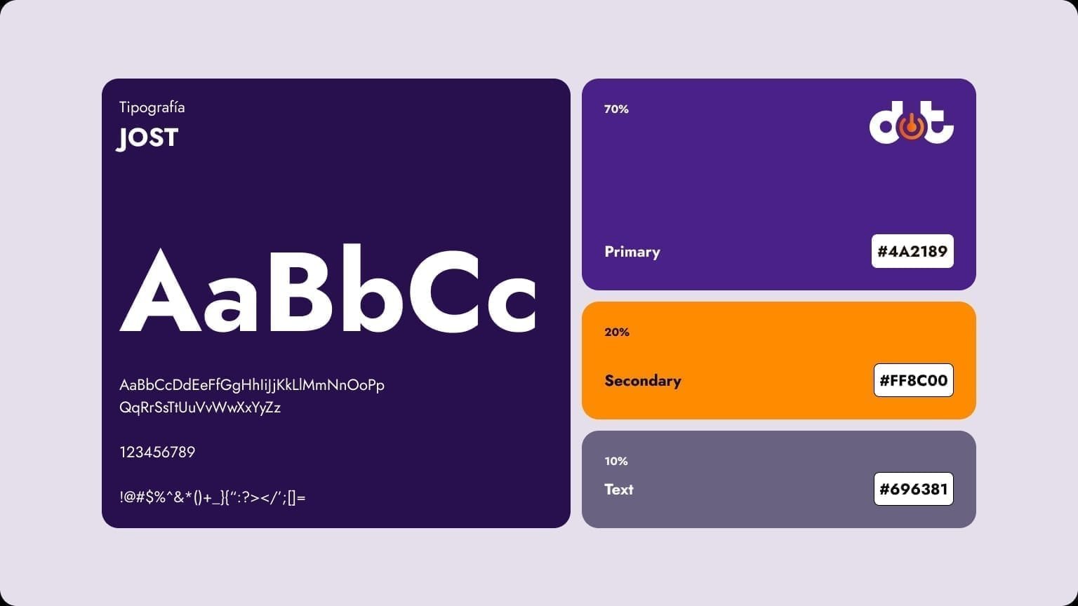 Design-system board with Jost typography specimen AaBbCc on purple and color cards for Primary #4A2189, Secondary #FF8C00, and Text #696381.
