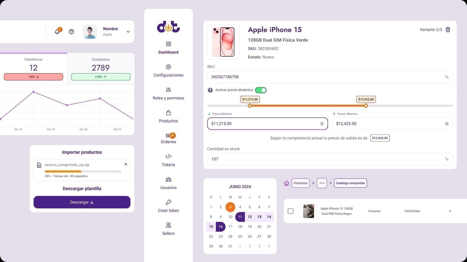 Collage of Seller Center UI modules: sidebar navigation, KPI stats with line chart, product import progress bar, dynamic pricing slider, calendar, and a catalog row.