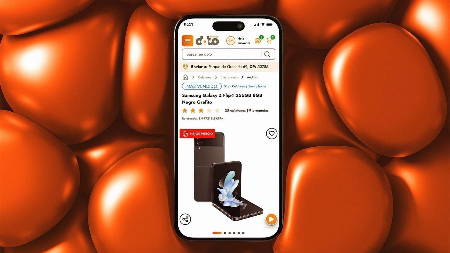 Smartphone on an orange pebble background showing a Doto mobile PDP for a Samsung Galaxy Z Flip4 with a 'MEJOR PRECIO' badge, ratings, and product gallery.