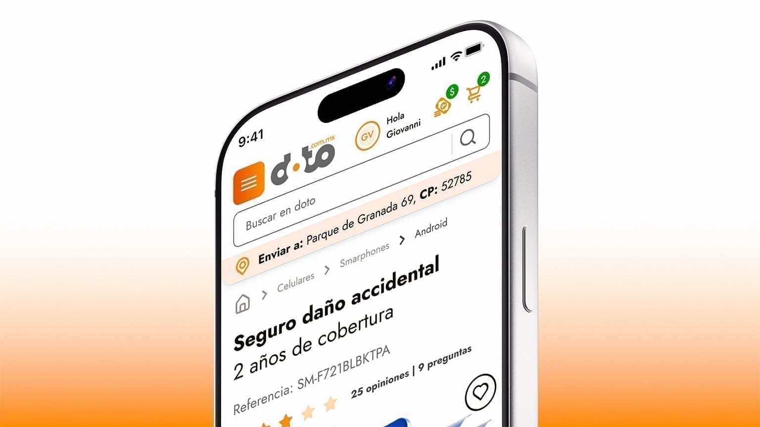 Angled smartphone showing a Doto mobile PDP titled 'Seguro daño accidental, 2 años de cobertura' for a Samsung Galaxy Z Flip4.