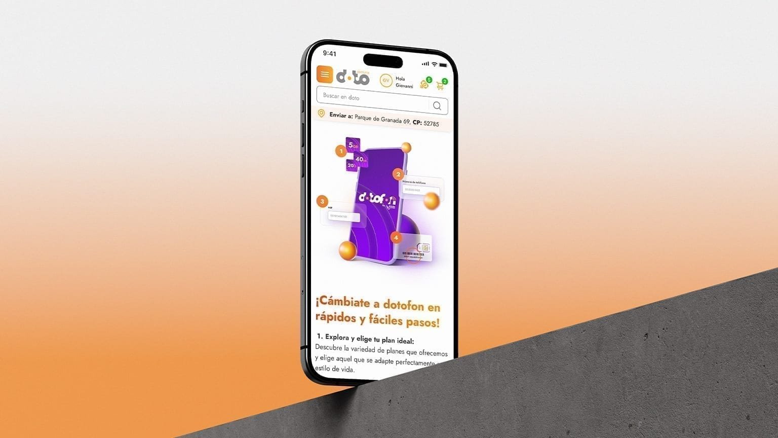Smartphone with a concrete foreground block showing DotoFon onboarding: a purple phone graphic, numbered steps, and the headline '¡Cámbiate a dotofon en rápidos y fáciles pasos!'