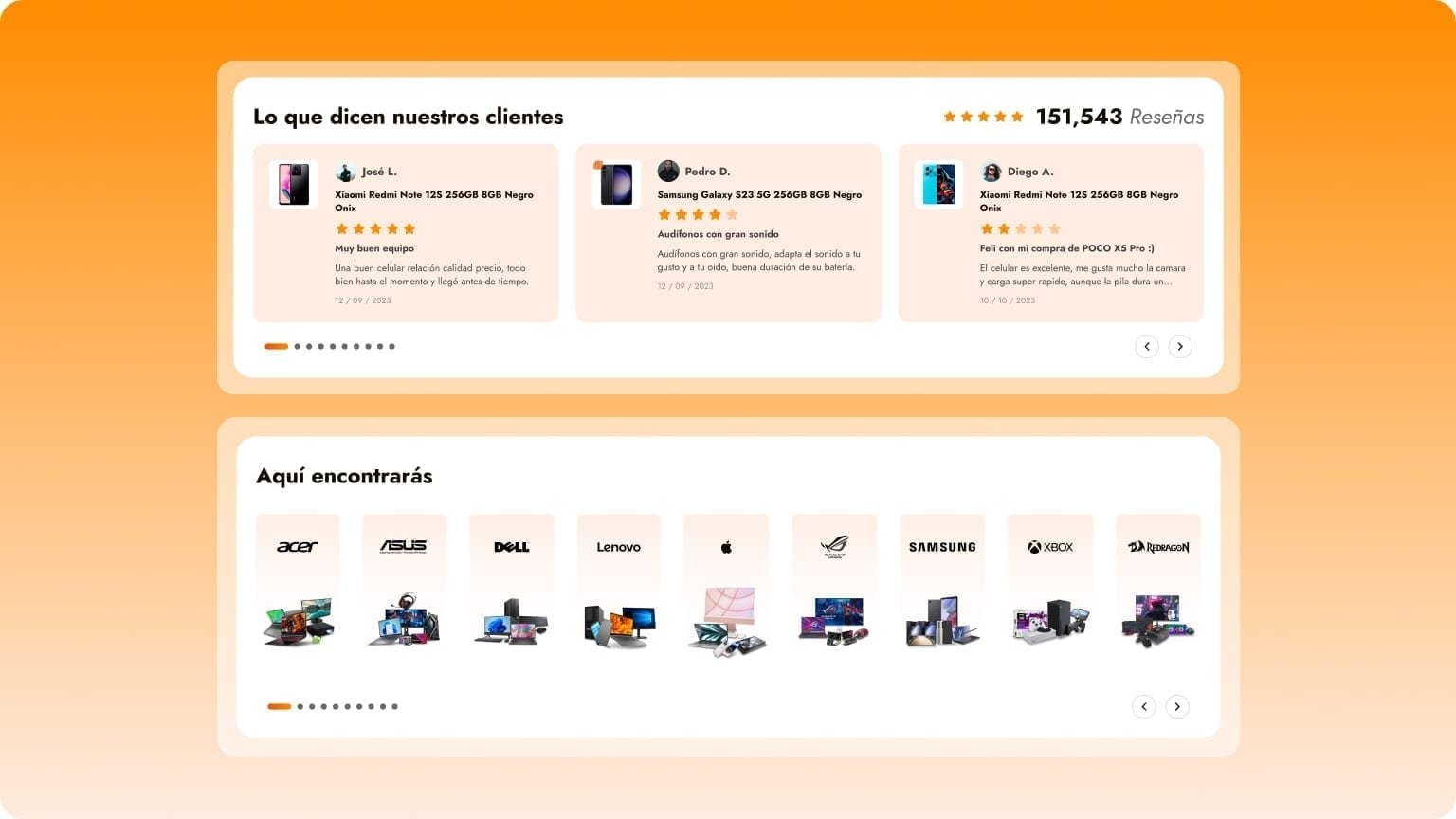 Two stacked Doto homepage modules: a 'Lo que dicen nuestros clientes' review carousel and an 'Aquí encontrarás' brand carousel (Acer, Asus, Dell, Lenovo, Apple, Samsung, and more).