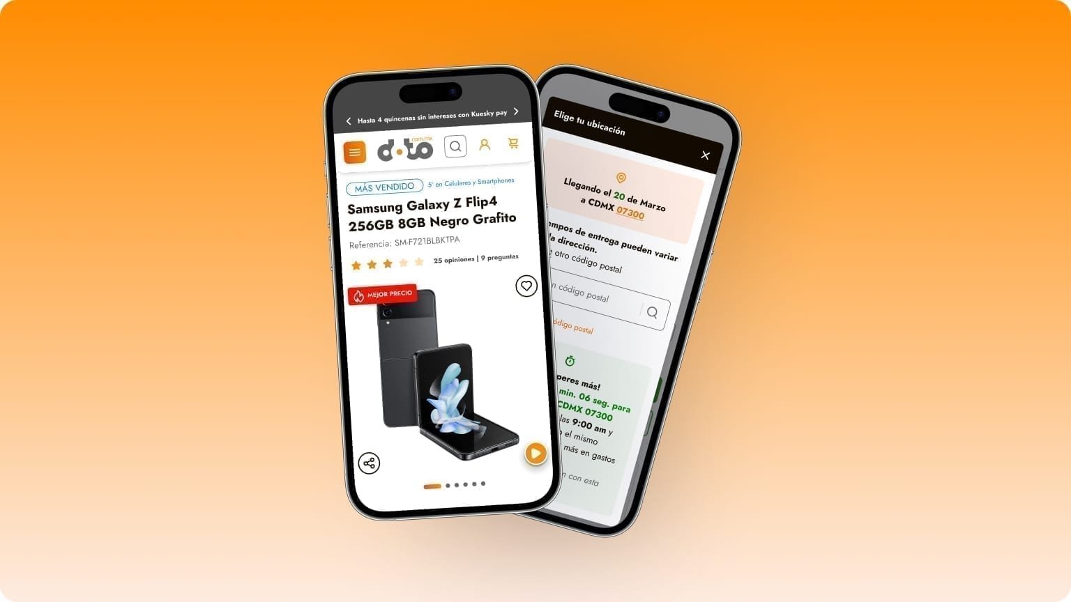 Two overlapping smartphones: a Doto mobile PDP for a Galaxy Z Flip4 in front, and an 'Elige tu ubicación' postal-code panel estimating delivery behind it.