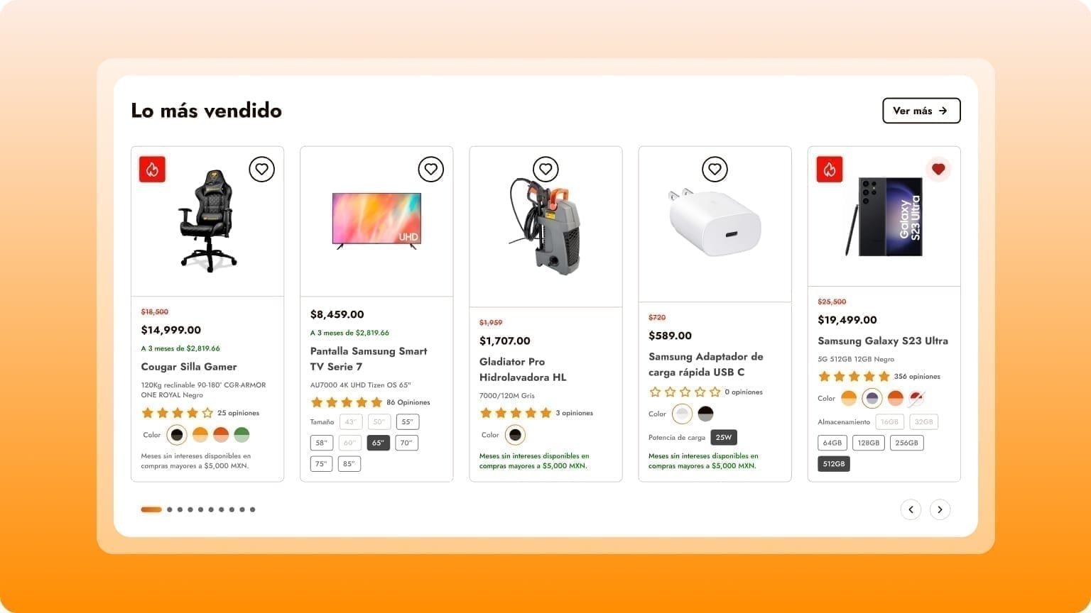 Doto 'Lo más vendido' best-sellers carousel with product cards for a gaming chair, Samsung TV, pressure washer, charger, and Galaxy S23 Ultra.