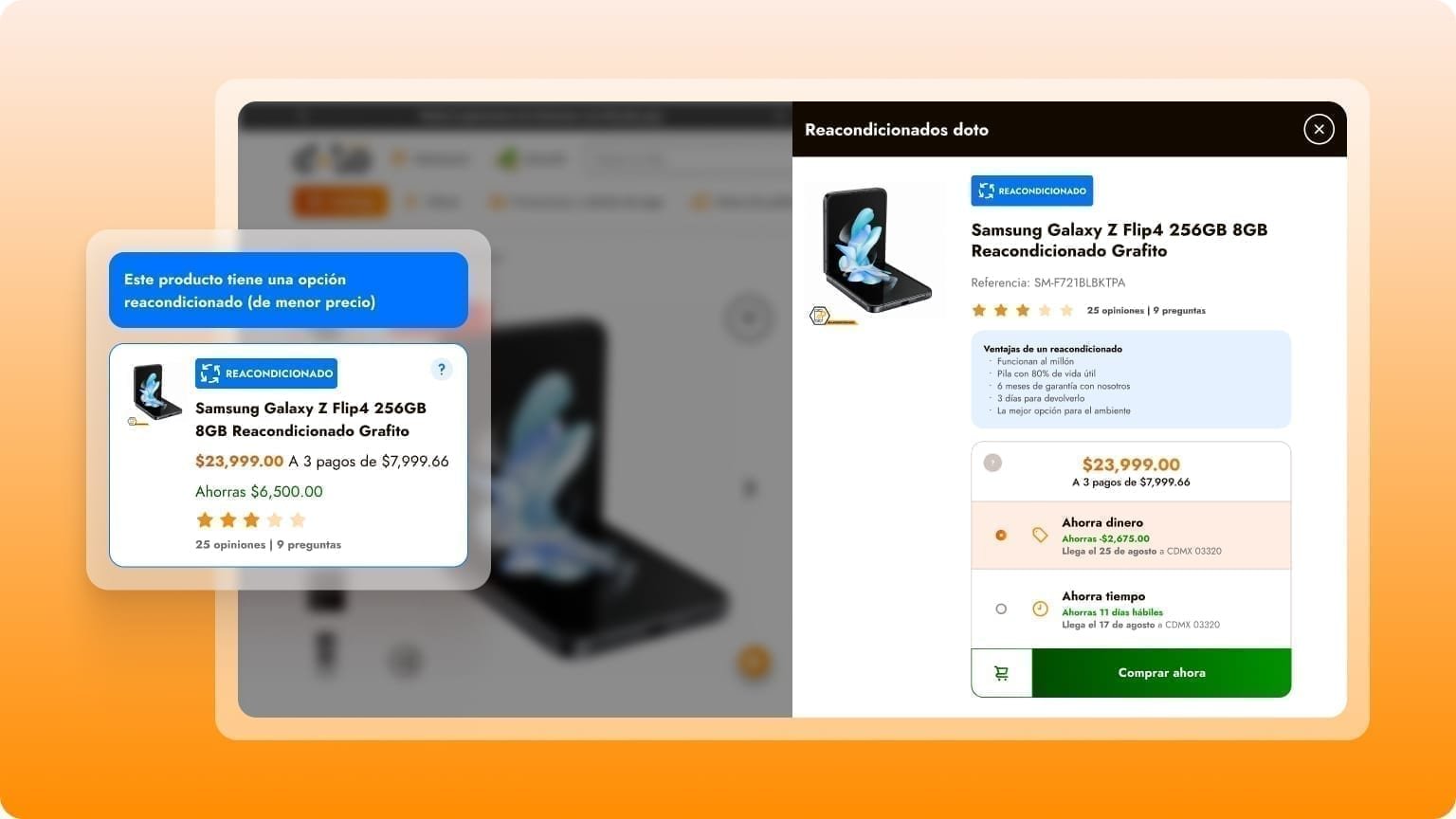 Doto refurbished flow: a savings tooltip for a Galaxy Z Flip4 reacondicionado beside a 'Reacondicionados doto' panel with warranty benefits and Ahorra dinero / Ahorra tiempo options.