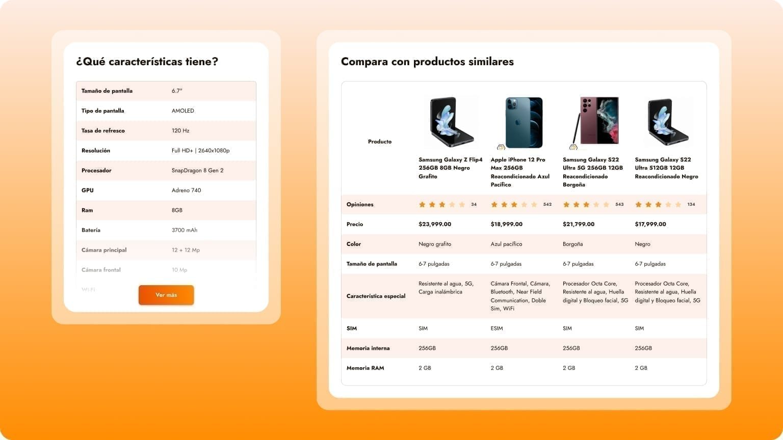Two Doto modules side by side: a '¿Qué características tiene?' specs list and a 'Compara con productos similares' table of four smartphones.