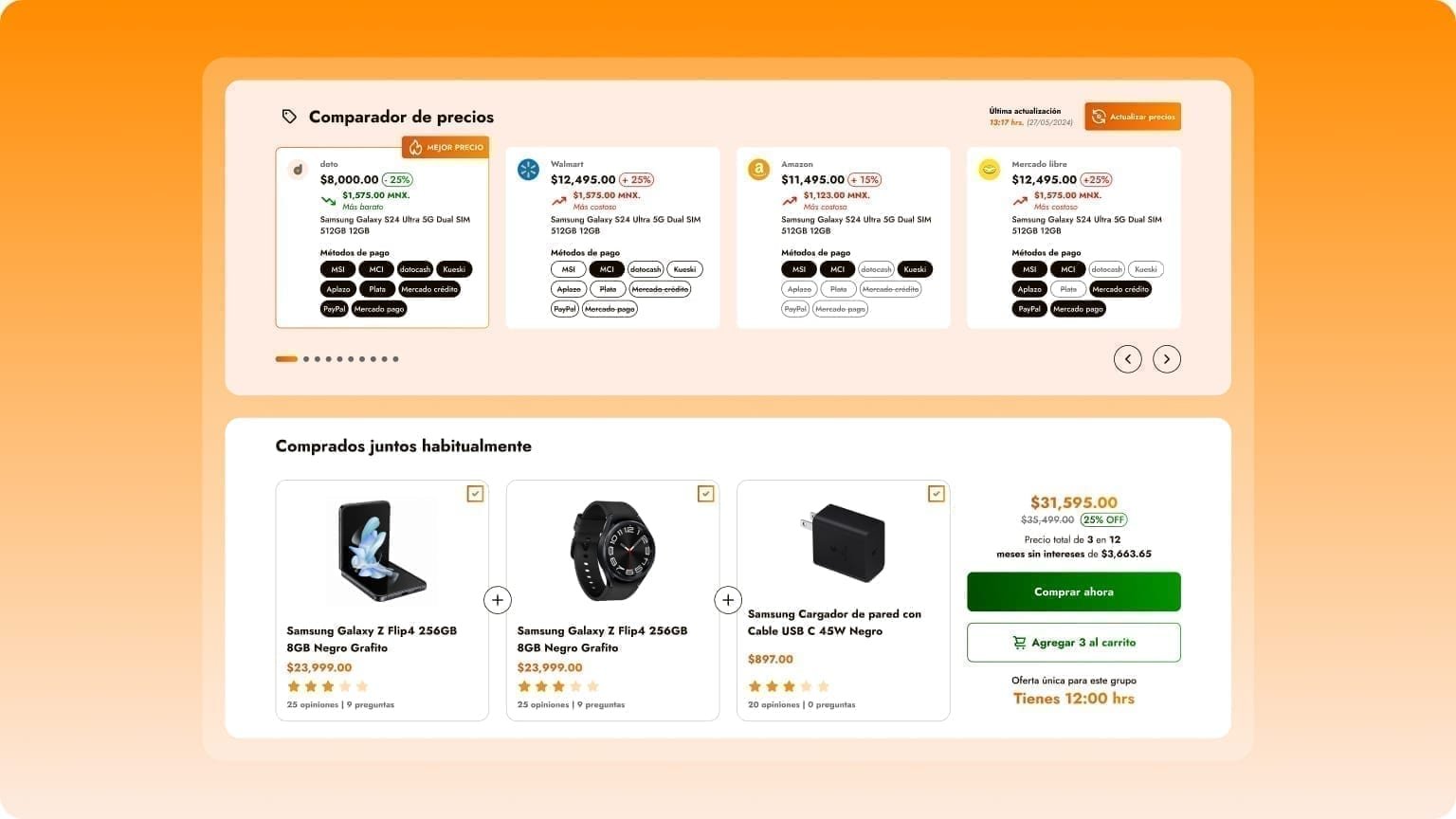 Two stacked Doto modules: a 'Comparador de precios' against Walmart, Amazon, and Mercado Libre, and a 'Comprados juntos habitualmente' bundle with buy CTAs.