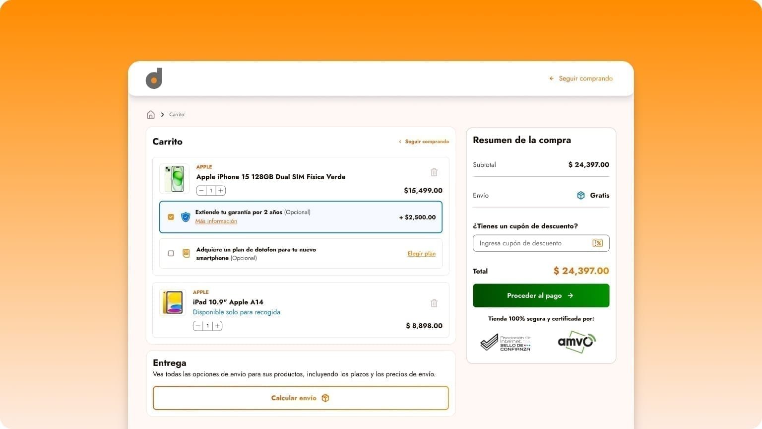 Doto cart page with an extended-warranty add-on and a DotoFon plan cross-sell next to the order summary and checkout CTA.