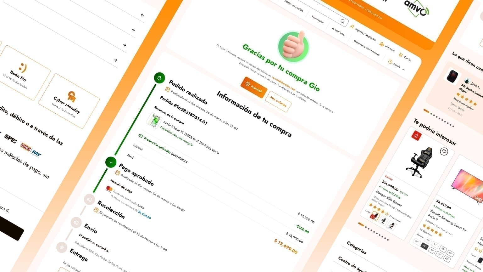 Doto order-confirmation 'Gracias por tu compra' screen with a step-by-step order timeline and payment status.