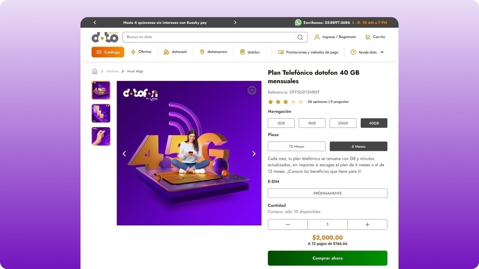 DotoFon 40GB plan PDP with data-plan selector, annual and semiannual term options, and a purchase CTA.