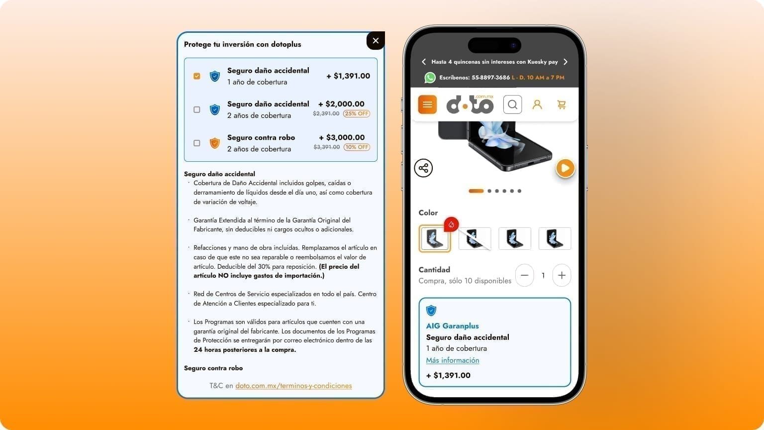 Doto 'dotoplus' protection modal listing accidental-damage and theft coverage options beside a mobile PDP with color selector.