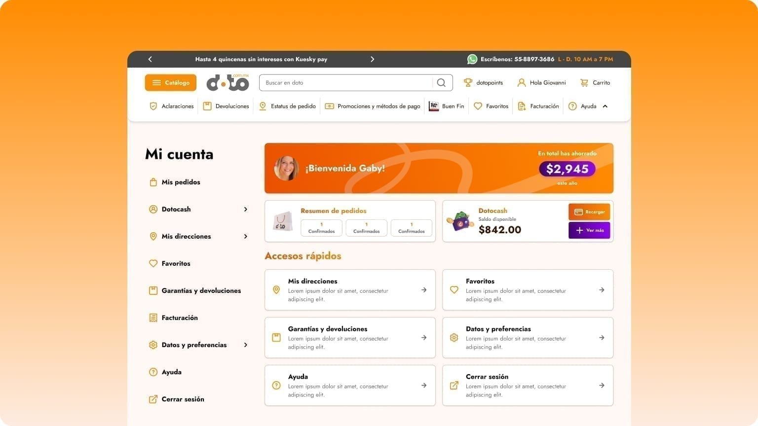 Doto 'Mi cuenta' self-service dashboard with order summary cards, DotoCash balance, and quick-access links for addresses, favorites, and warranties.