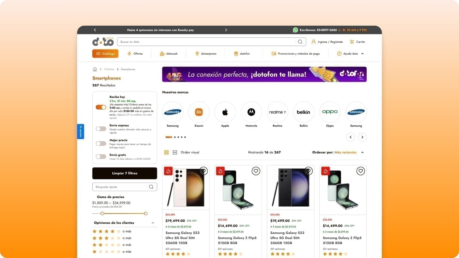 Doto Smartphones product listing page with delivery-time filters, brand carousel chips, product cards, and a DotoFon promotional banner.