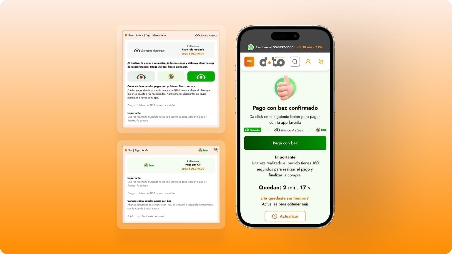 Doto checkout payment screens for Banco Azteca financing options and the Baz app confirmation message 'Pago con baz confirmado.'