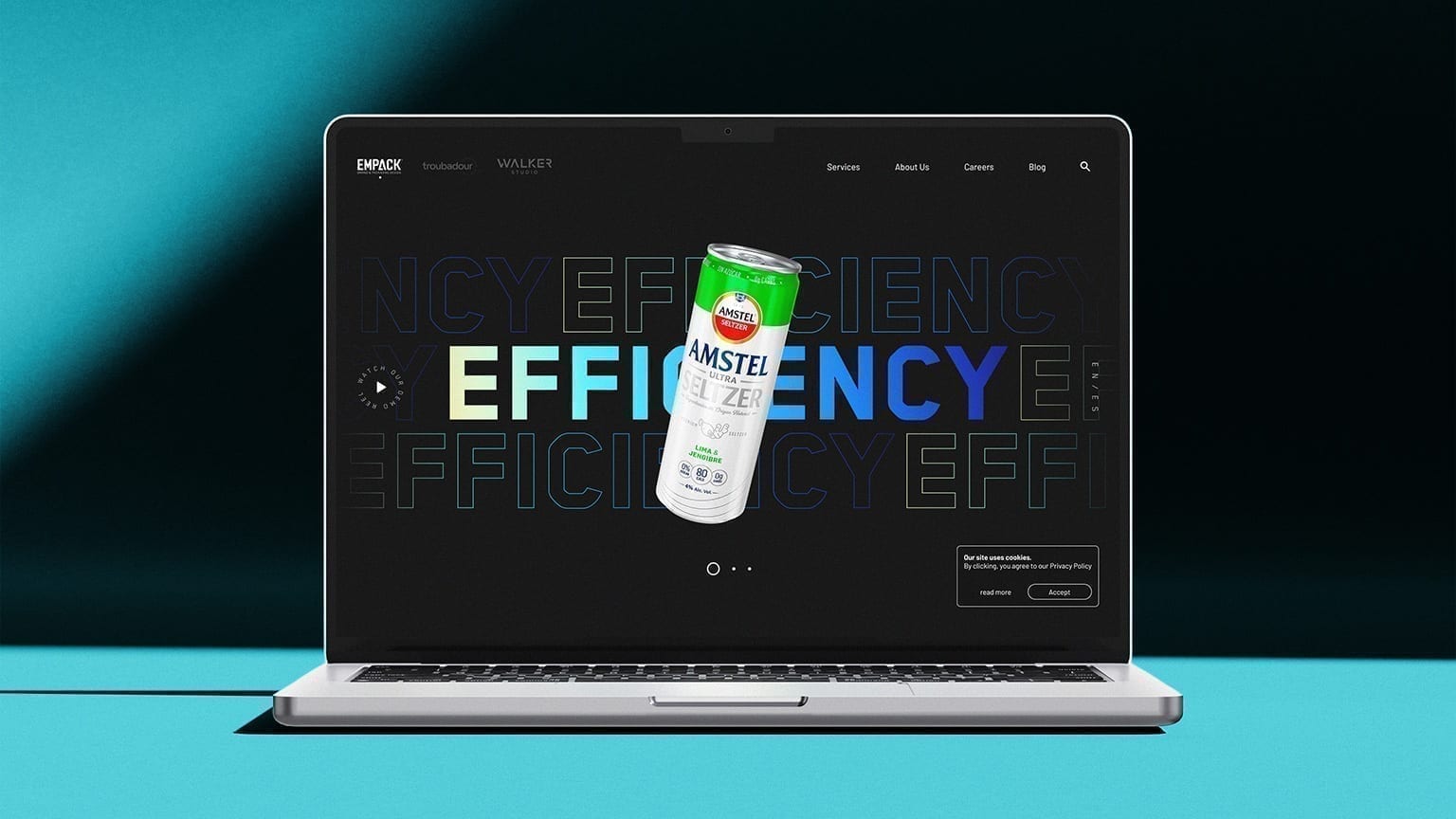 Empack homepage main carousel with Amstel Seltzer product on a laptop mockup.
