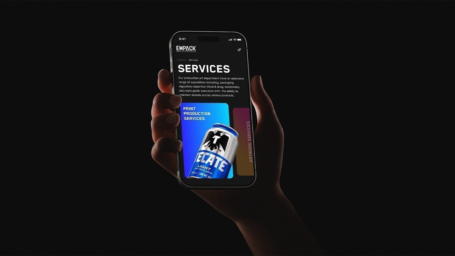 Empack mobile services menu held in hand on a smartphone mockup.
