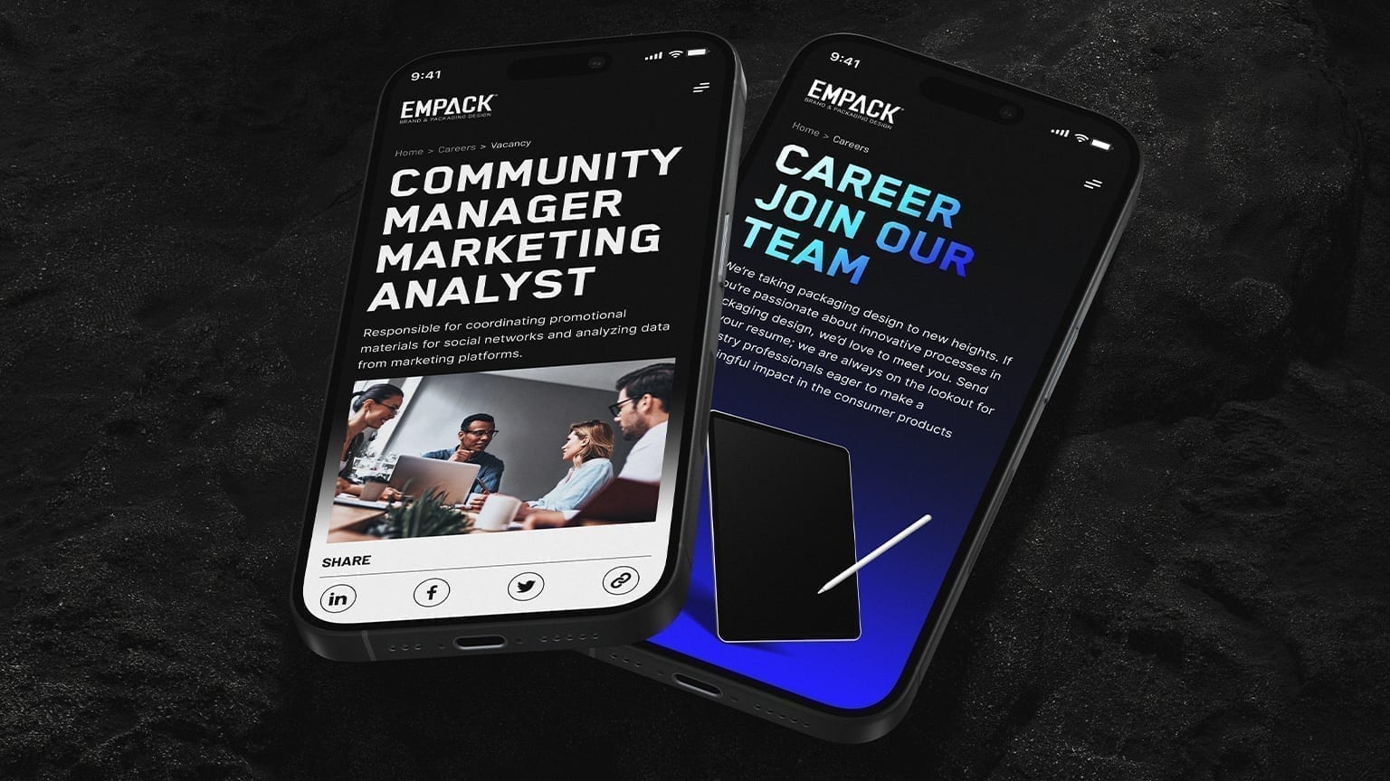 Empack careers and editorial mobile screens side by side.