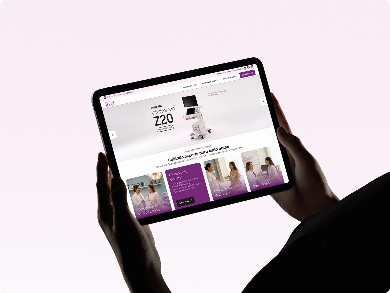 Woman in profile holding a tablet displaying the Itzel women's health platform against a soft pink background.