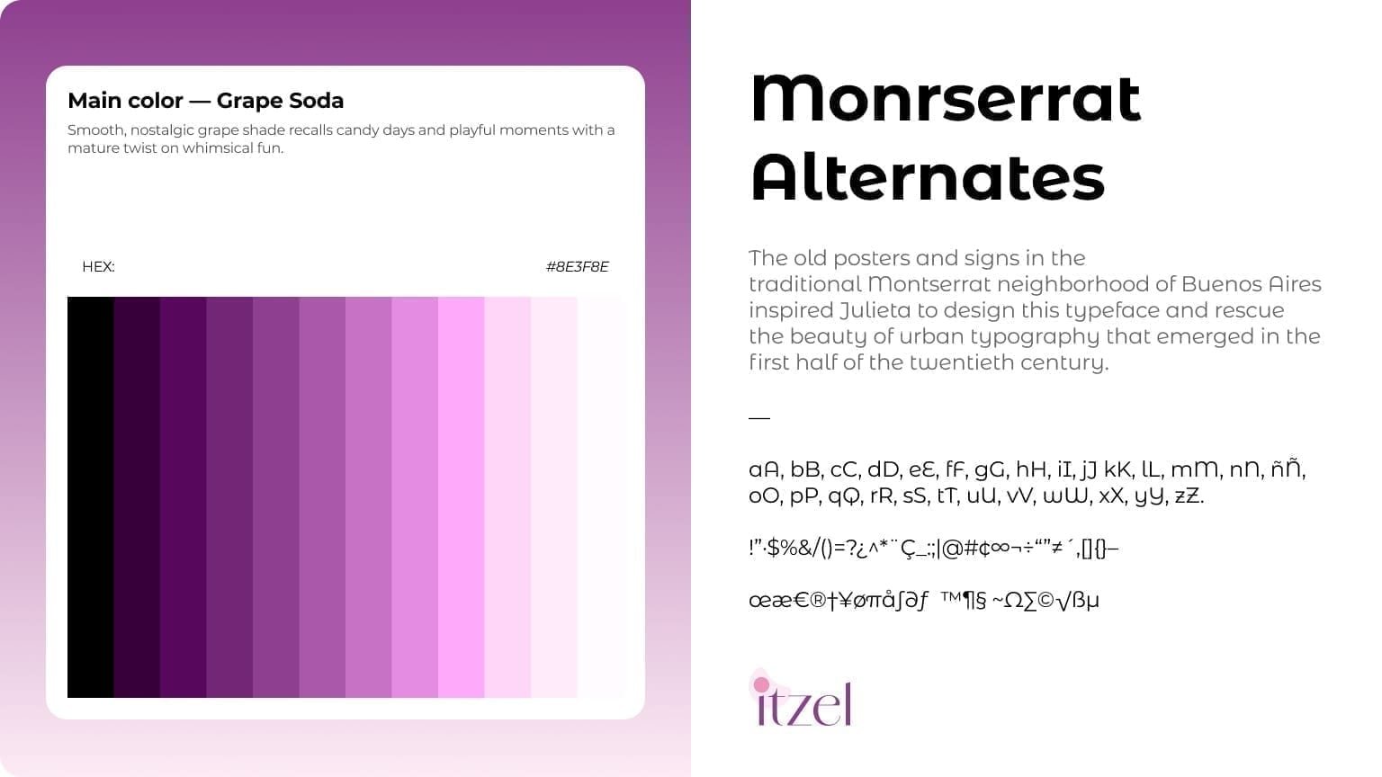 Visual identity board with purple gradient swatches, Montserrat Alternates specimens, and the Itzel wordmark.