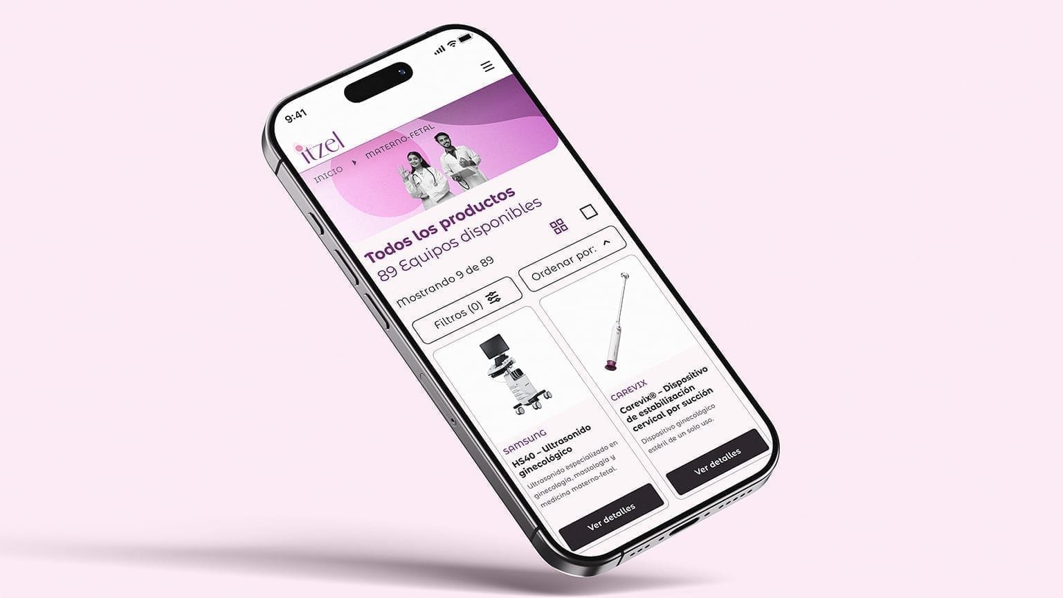 Angled smartphone showing the Itzel product catalog with brand, model, and short clinical SEO captions on each card.