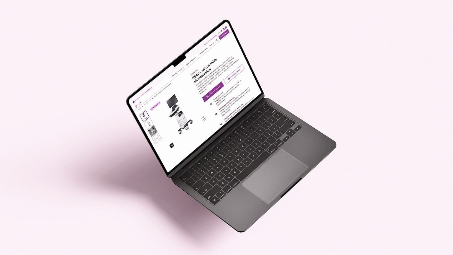 Laptop showing an Itzel Product Detail Page for the Samsung HS40 gynecological ultrasound with quote and demo actions.