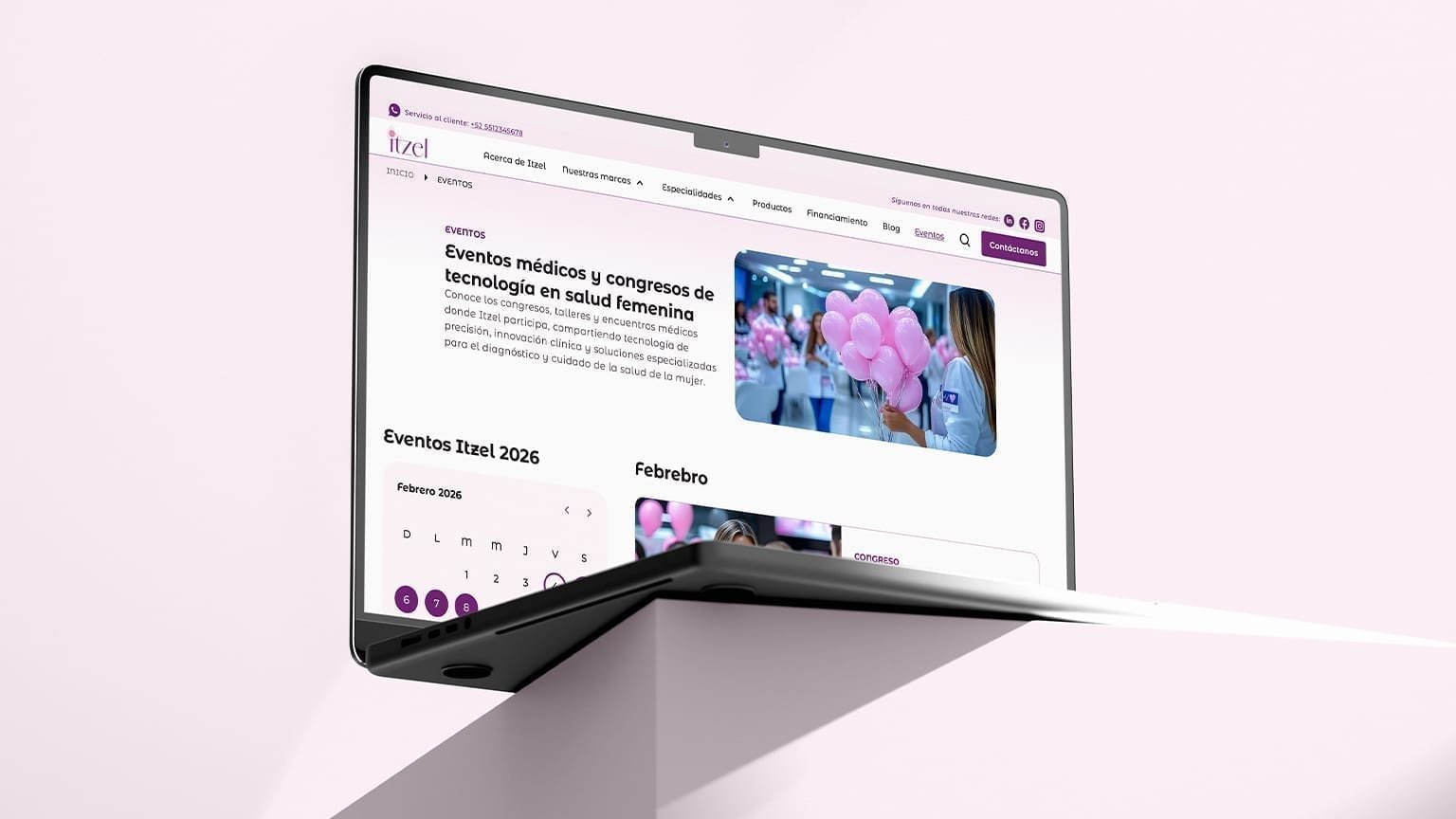 Laptop showing the Itzel events hub with medical congress listings and a calendar for women's health technology.
