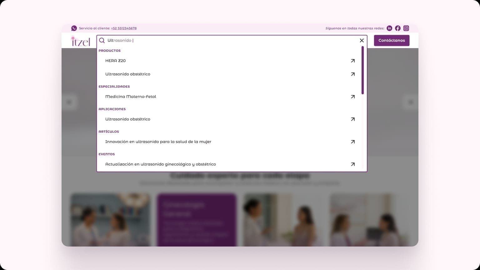Desktop search overlay grouping Itzel results for ultrasonido across products and specialties.