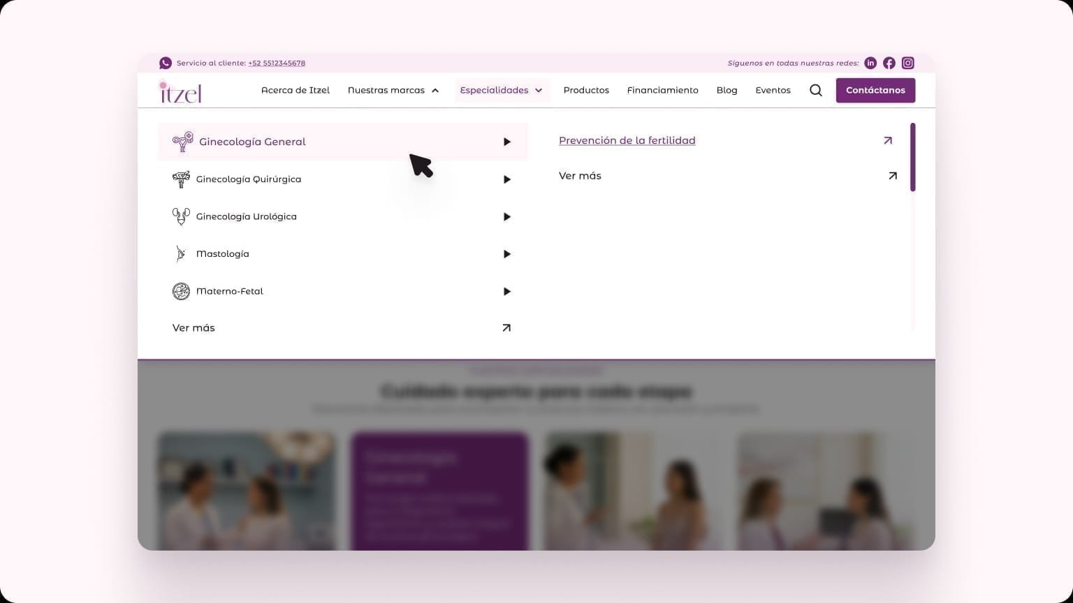 Desktop mega-menu for Itzel specialties showing nested clinical applications under Ginecología General.