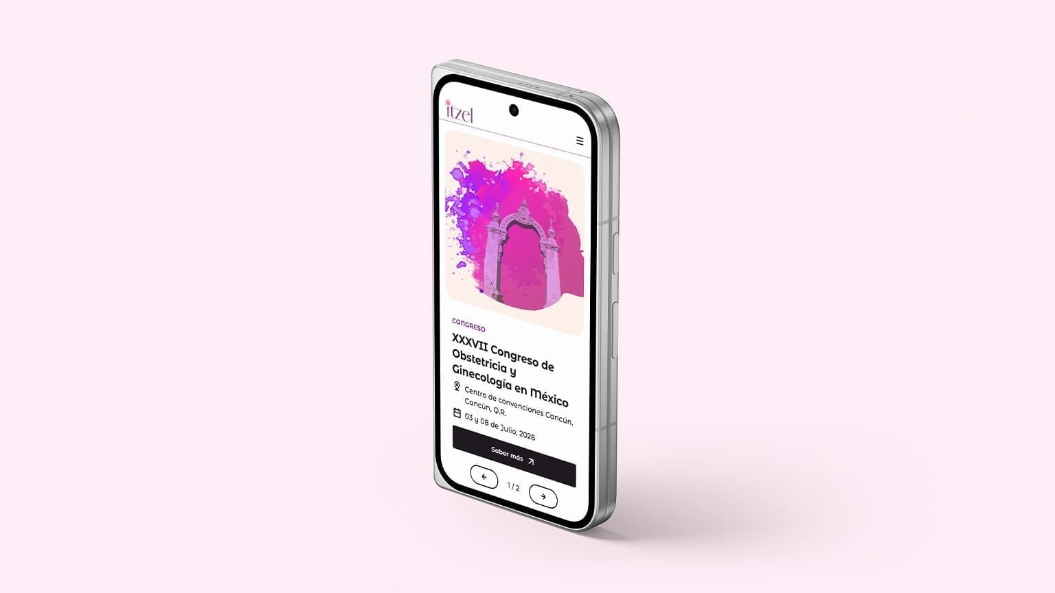 Smartphone showing an Itzel mobile event card for an obstetrics and gynecology congress.