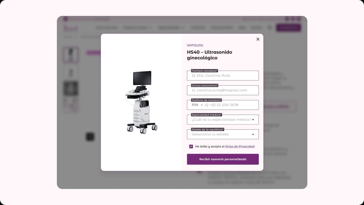 Lead-generation modal on an Itzel product page for a Samsung gynecological ultrasound.