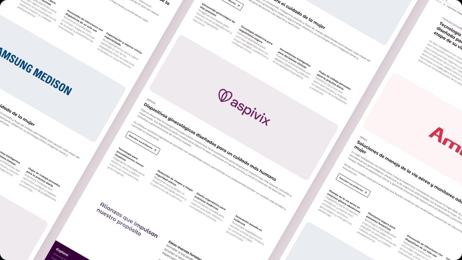 Three manufacturer landing templates for Samsung Medison, Aspivix, and Ambu inside the Itzel brand architecture.