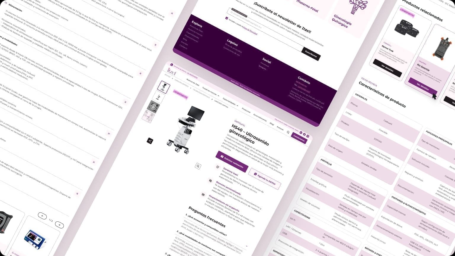 Product-system collage showing an Itzel gallery, specifications tables, FAQs, and related medical equipment modules.