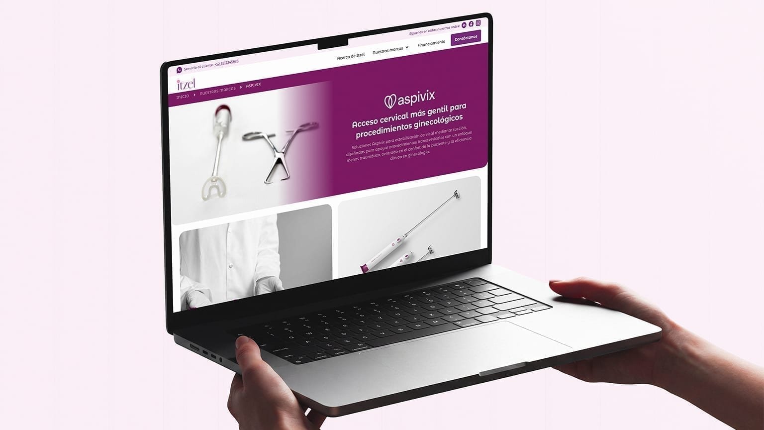 Hands holding a laptop showing the Itzel brand page for Aspivix cervical devices on a lavender background.