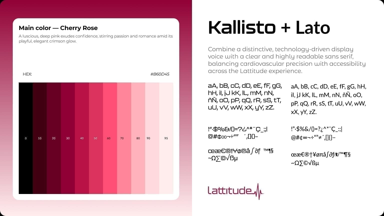 Lattitude brand guidelines card with Cherry Rose color ramps, Kallisto and Lato type specimens, and the wordmark.